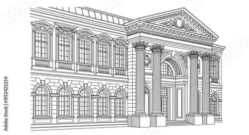 Detailed architectural drawing of a grand classical building facade.