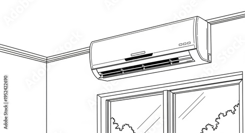Wall-mounted air conditioner unit for cooling and ventilation.
