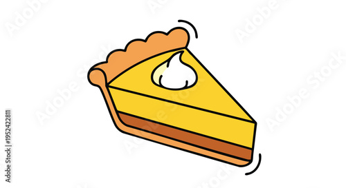 An illustrated cartoon slice of a dessert pie. It has a yellow filling with a brown crust and is topped with whipped cream