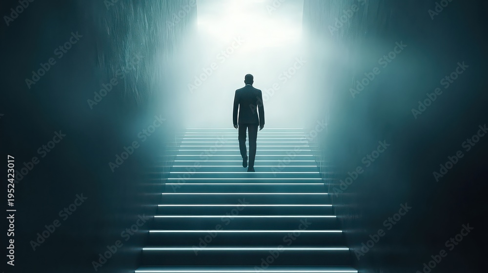 Obraz premium Businessman ascending a neon-lit staircase into a bright, unknown future, symbolizing progress, success, and overcoming challenges in conceptual video animation.