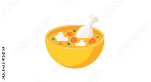 A cartoon illustration of a bowl of soup, with various ingredients including carrots and peas. A cooked chicken drumstick sits in the soup