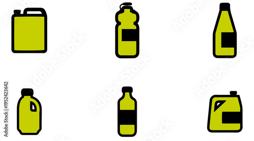 WebSet of PET bottle silhouette icons, a simple hand-drawn illustration of a plastic container for water, liquids, and oil, black vector pictogram