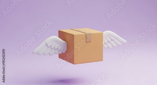 Creative illustration of cardboard box flying with angel wings against soft gradient sky background