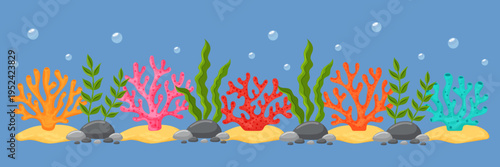 Underwater coral reef border with seaweeds and air bubbles vector illustration.