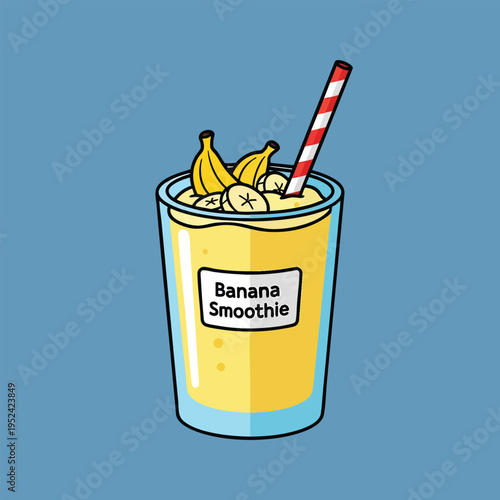 A cartoon illustration of a banana smoothie. It features a transparent glass with yellow liquid, bananas and a striped straw on a solid blue background