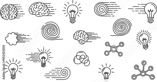 Brainstorming and Idea Outline Set with Brain Icons, Light Bulbs, Motion Lines, and Creative Thinking Symbols for Business Illustration, Innovation Design