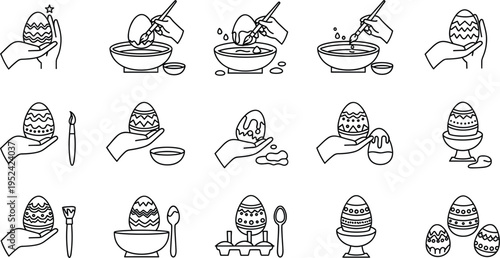Easter Egg Painting and Decorating Outline Set with Brushes, Bowls, and Creative Activities for Holiday Illustration, Coloring Page