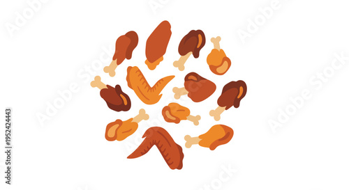 A collection of stylized, cooked poultry pieces, chicken wings and drumsticks in warm hues, placed on a white background