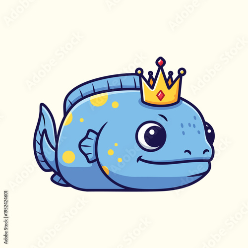 A friendly cartoon illustration of a light blue fish wearing a gold crown with red gems. The fish has yellow spots and a happy face