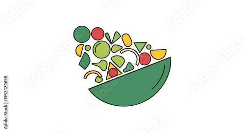 A cartoon image of salad spilling from a green bowl, with various geometric shapes in a mix of colors and a black outline