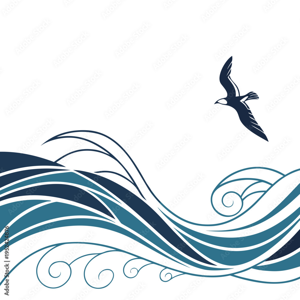 Fototapeta premium Stylized waves with flying bird silhouette on white background
