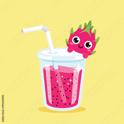 A cartoon-style illustration of a pink smoothie in a transparent cup with a straw. A dragon fruit smiles from the rim. Background is yellow