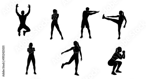Diverse Fitness Silhouettes: People Exercising, Jumping, Stretching, and Squatting