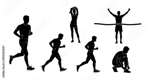 Running Silhouettes Collection: Marathon, Training, Finish Line, Stretching, Lacing Shoes