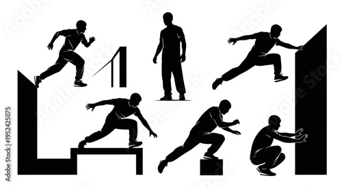 Parkour Silhouette Set: Dynamic Athlete Actions, Urban Movement, and Athleticism