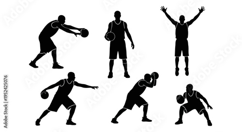 Basketball Player Silhouettes Set: Action Poses, Dribbling, Shooting, Jumping