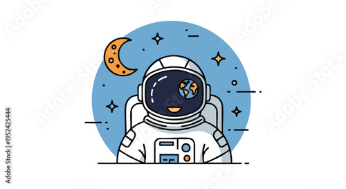 A cartoon astronaut inside a blue circle with a crescent moon, stars, and the earth in their visor. It is a vector design
