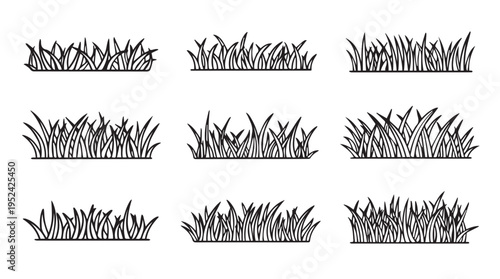 Collection of nine black and white line art grass borders diverse styles isolated on white