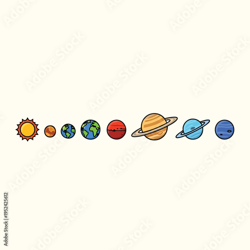 A cartoon depiction of our solar system, with planets and sun aligned. Each planet is uniquely colored. The background is cream-colored
