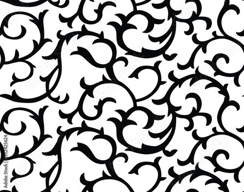 Classic black and white damask seamless pattern with floral scrolls