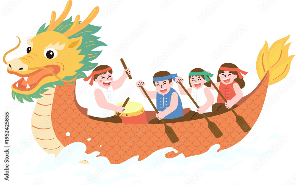 Fototapeta premium Cartoon Illustration of Dragon Boat Race with Drummer and Paddlers for Duanwu Festival