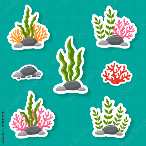 Colorful coral reef and seaweed stickers set with ocean plants vector illustration.
