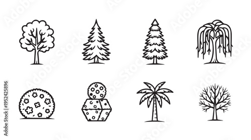 Collection of stylized trees and plants line icons diverse botanical elements vector graphics