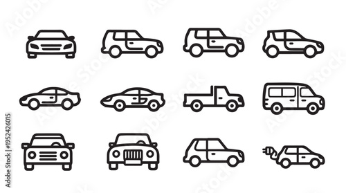 Collection of Various Vehicle Icons Showing Different Car Types and Styles Isolated on White