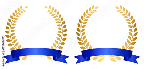 金色ローレルフレームと青リボンのエンブレム素材（表彰・高級デザイン）