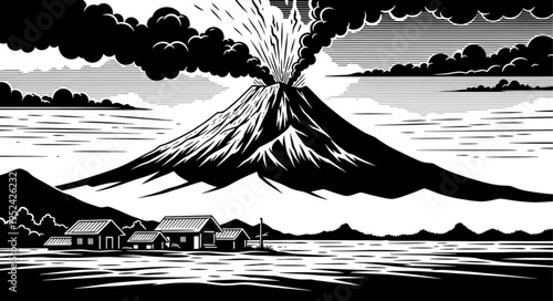 Monochrome depiction of a volcanic eruption near a village.