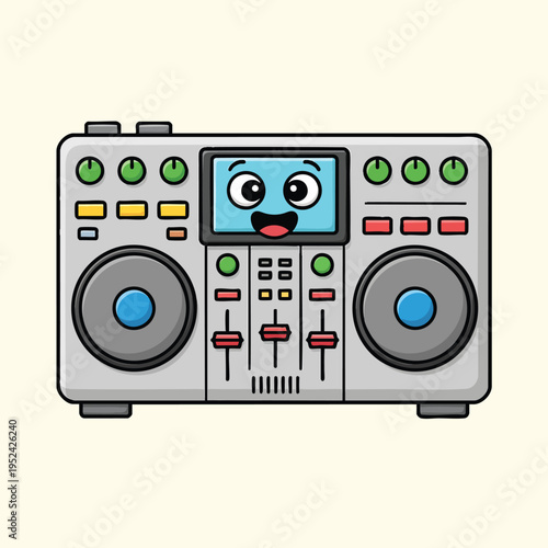 A cartoon-style DJ mixer with a smiley face on the screen. The device features knobs, faders, buttons, and two large circular controls. It has a rounded outline