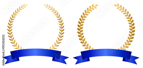 金色ローレルリースと青リボンのフレーム素材（シンプル高級デザイン）