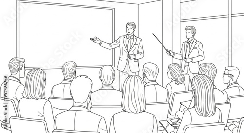 Presentation with Two Speakers Addressing an Audience in a Room.