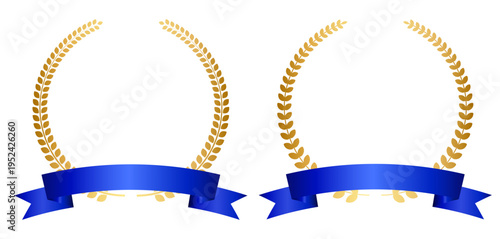 金色ローレルフレームと青リボンの装飾素材（表彰エンブレムデザイン）