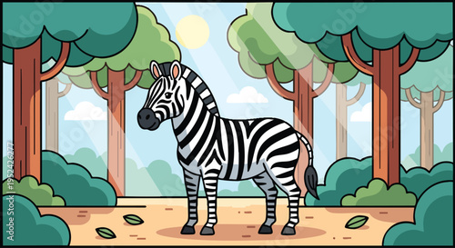 A cartoon zebra stands proudly amidst trees, sunlight filtering through. The setting is likely a forest clearing or savannah. A clear day is suggested