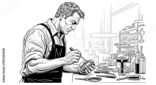 Detailed Sketch of a Focused Craftsman at Work.