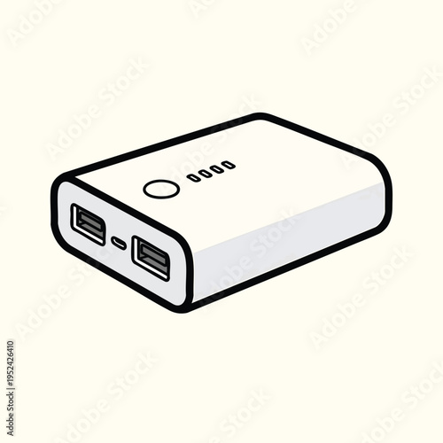 Illustration depicts a white rectangular portable power device with black outlines, with two ports on front. Has rounded corners, power button and indicators