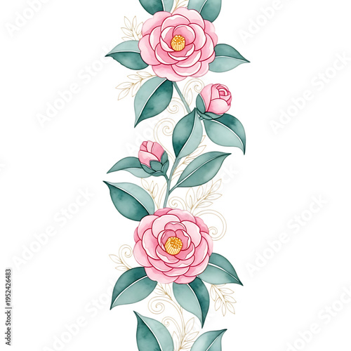 Watercolor Camellia Flowers and Leaves Border Design with Gold Swirls - Elegant Botanical Illustration with Hand Drawn