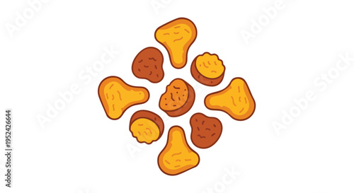 A stylized illustration features a collection of golden-brown shapes, arranged in a circular formation against a white background