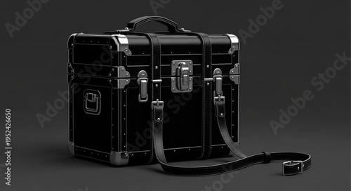 Elegant Black Makeup Case with Silver Accents and Shoulder Strap.