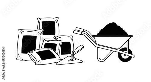 Illustration of Gardening Supplies - Bags of Soil, Trowel, and Wheelbarrow.