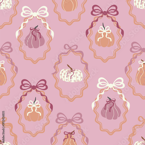 Cottagecore pumpkin seamless pattern with ribbon bows and frames