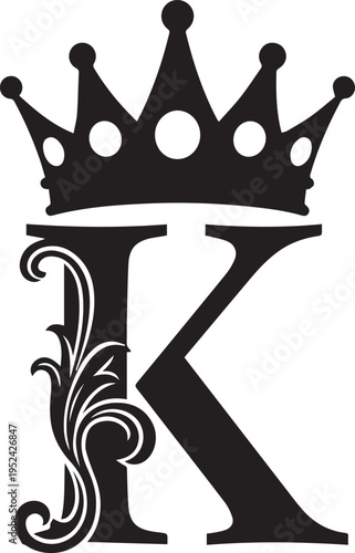 Elegant crown-topped decorative letter k for regal and artistic design projects isolated on white background, Vector