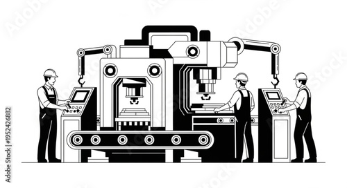 Automated Factory Production Line with Workers and Robotic Arms.