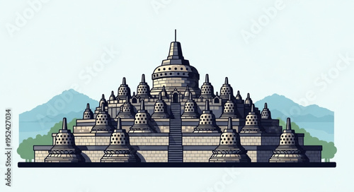 Detailed Illustration of Borobudur Temple, a Majestic Buddhist Monument.