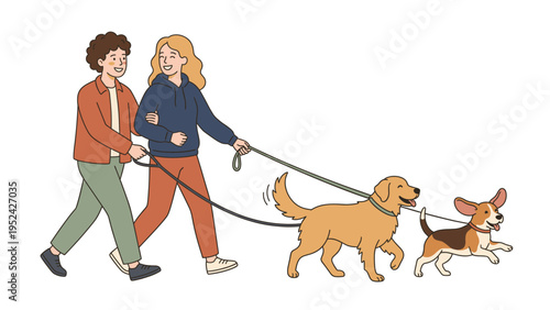 Happy Couple Walking Two Pet Dogs in the Park