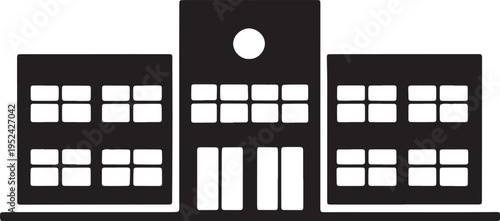 Black silhouette of large modern school building or office block with many square windows