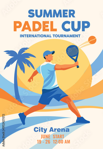 Padel tennis tournament, summer cup. Dynamic silhouette of a player hitting the ball. Bright vector banner, poster. Graphic design with a place for text for sports events, promotional materials