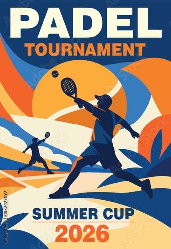 Padel tennis tournament. Bright vector banner, poster. Dynamic silhouettes of players in action, geometric background. Graphic design with a place for text for sports events, promotional materials