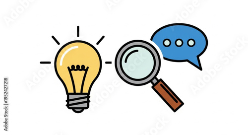 Idea Generation - Lightbulb, Magnifying Glass, and Thought Bubble Illustration.
